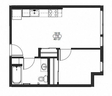 Floor plan for 1 bed, 1 bath, 530 sqft